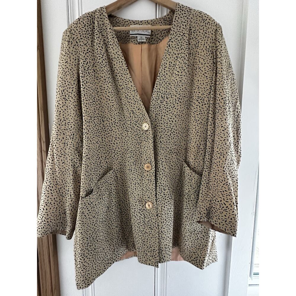 Vintage Silk Blazer Womens M/L Abstract Print Oversized Neutral Minimalist